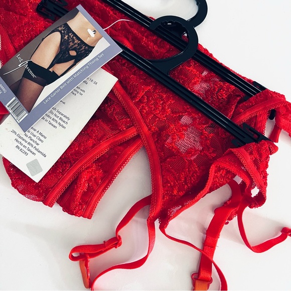 Valentine’s Red (Plus) Floral Laced Garter Belt and Thong 2pc. Set - Picture 3 of 7